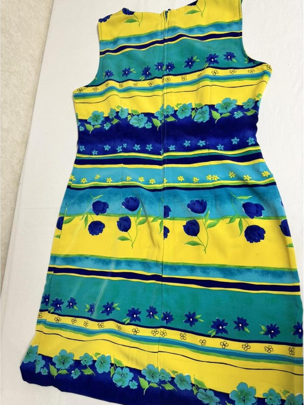 Vintage 90s Sag Harbor Blue & Yellow Floral Striped Shift Dress Size 12